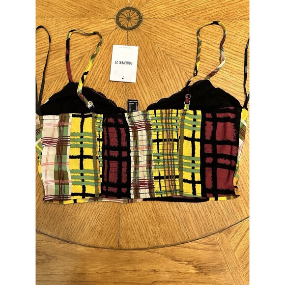 NWT Forever 21 Plaid Tank Cami Crop Adjustable Straps Lace Trim Women’s Size Med - Picture 6 of 7